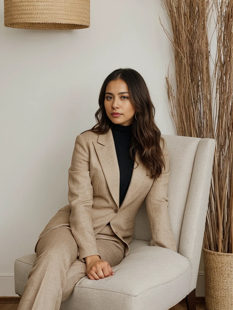 a woman sitting on a chair with her feet on the floor and her hands on, sitting on chair, girl in suit, sitting on a chair, girl in a suit, sitting in a chair, woman is sitting, sitting in chair, sitting on a mocha-colored table, sitting down casually, sitting on designer chair, sitting on an armchair, sitting pose, elegant confident pose, sitting on a table, sitting down, sophisticated young woman, in a comfortable chair, sitting in an armchair, sitting on a desk, siting in a chair,A woman with long blonde hair is sitting cross-legged on a woven chair with a metal frame, wearing a brown blazer, a beige top, and black pants. She rests her left elbow on her knee and her chin on her left hand, gazing thoughtfully at the camera. A white wall with decorative molding is in the background.