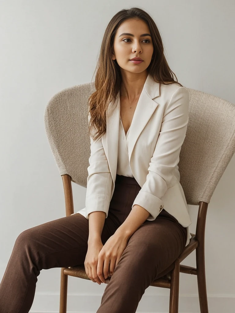 a woman sitting on a chair with her feet on the floor and her hands on, sitting on chair, girl in suit, sitting on a chair, girl in a suit, sitting in a chair, woman is sitting, sitting in chair, sitting on a mocha-colored table, sitting down casually, sitting on designer chair, sitting on an armchair, sitting pose, elegant confident pose, sitting on a table, sitting down, sophisticated young woman, in a comfortable chair, sitting in an armchair, sitting on a desk, siting in a chair,A woman with long blonde hair is sitting cross-legged on a woven chair with a metal frame, wearing a brown blazer, a beige top, and black pants. She rests her left elbow on her knee and her chin on her left hand, gazing thoughtfully at the camera. A white wall with decorative molding is in the background.