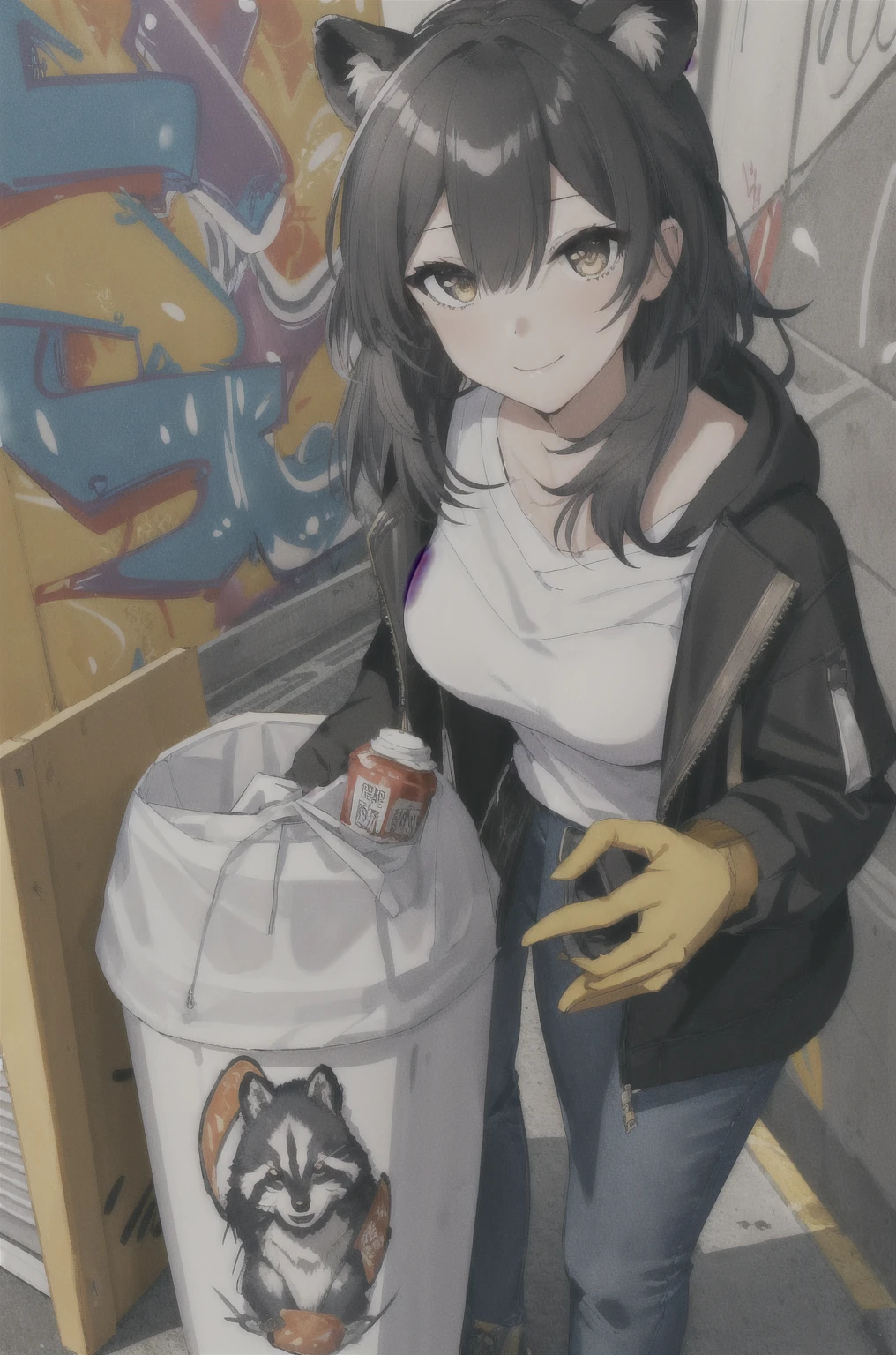 1 Girl, woman, 长of_灰色of_hair, Bangs, hair_between_Eye, Raccoon ears, of_Eye, Smile, jacket, 白色of_shirt, 黑色of_Gloves, (hood:1.1), 中等of_breast, (Hold a garbage bag, Garbage container:1.1), garbage can, (Graffiti, ink, 白色of background:1.2), 最好of质量, masterpiece, 