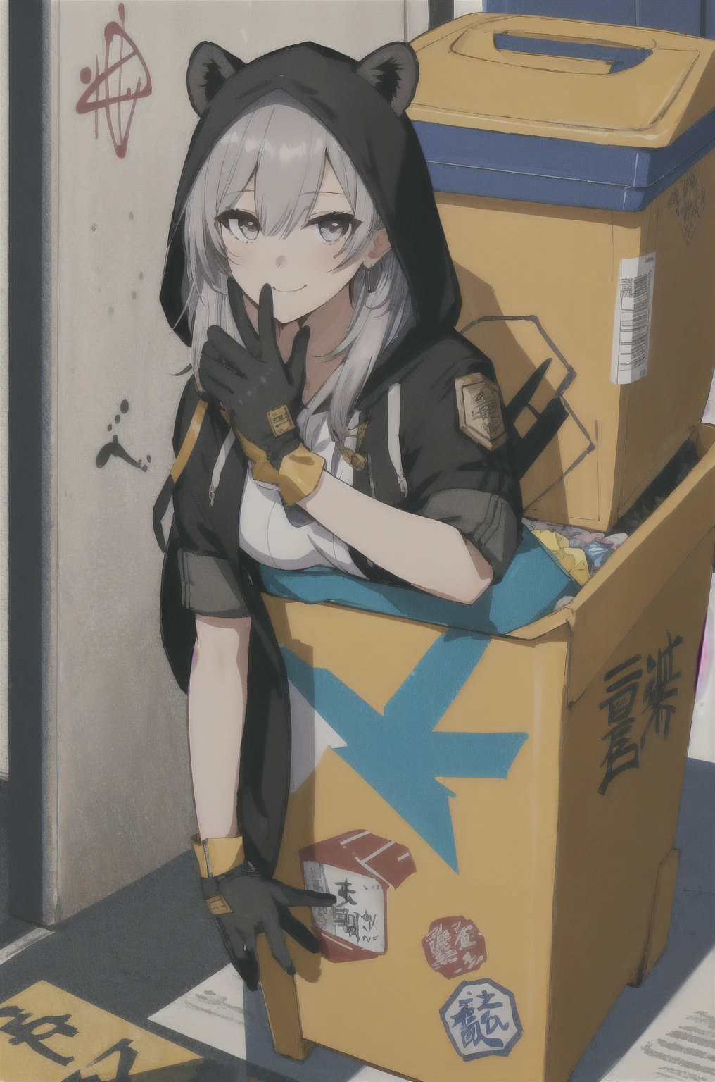 1 Girl, woman, 长of_灰色of_hair, Bangs, hair_between_Eye, Raccoon ears, of_Eye, Smile, jacket, 白色of_shirt, 黑色of_Gloves, (hood:1.1), 中等of_breast, (Hold a garbage bag, Garbage container:1.1), garbage can, (Graffiti, ink, 白色of background:1.2), 最好of质量, masterpiece,