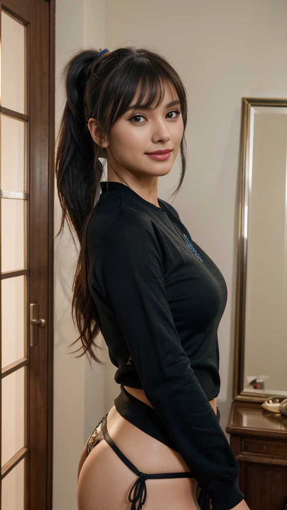 In front of the mirror actress is a very beautiful Western adult woman. Sorriso feliz.rosto sexy, (Hair tied in a ponytail),(The bangs are transparent fringes), wears a black sweatshirt (grampo、rabo de cavalo、Cabelo flutuante、),.(super accent: 1.3), use the sunset like lighting, cinematic light, (mesa, maximum quality, ultra high resolution output image,), (8k quality,), (marine art mode 2: 1.3), (UltraHD image mode,)