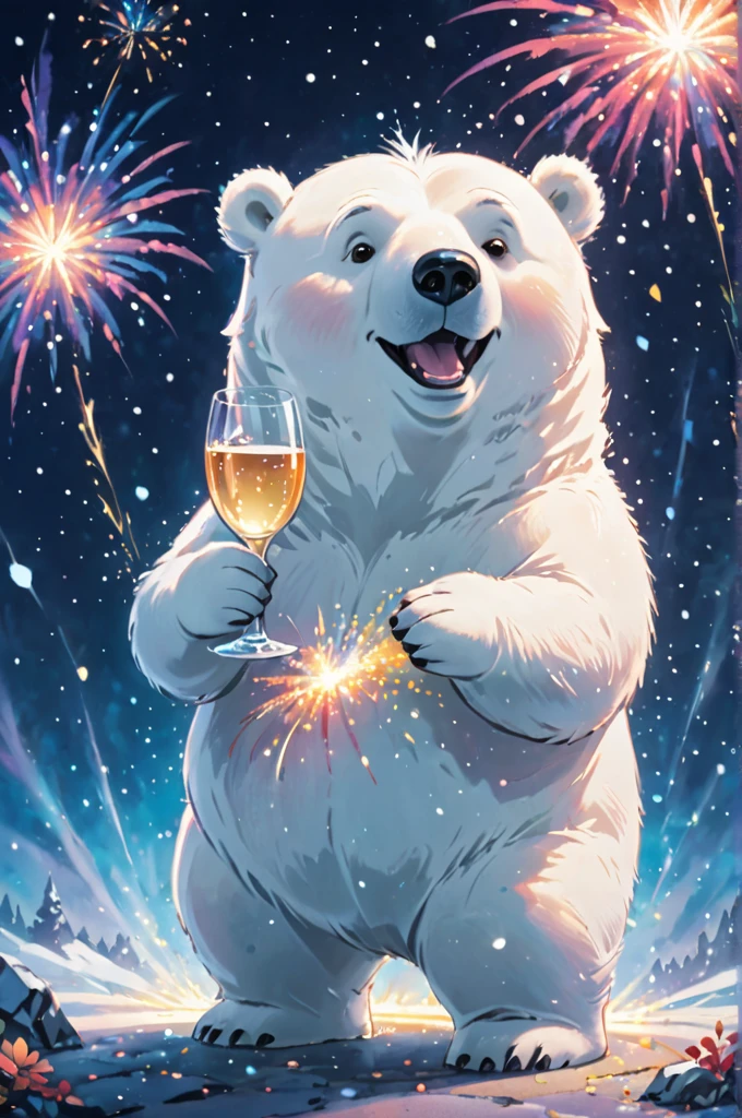 Cosmic Canvas,perfection, clean, masterpiece, Professional artwork, Famous works of art, A picture of a cute fat polar bear character, (Fireworks Background),  I have a champagne glass