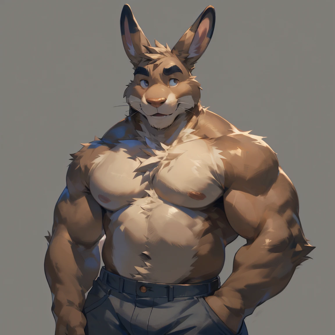 Solo, male, Light brown hare, in one color tone, with long ears, shirtless, in jeans pants, chest, big chest view, ((focus body, furry focus, eyes focus)) (((gray background, gray wallpaper, one color))), by darkgem, by mystikfox61, by glitter trap boy