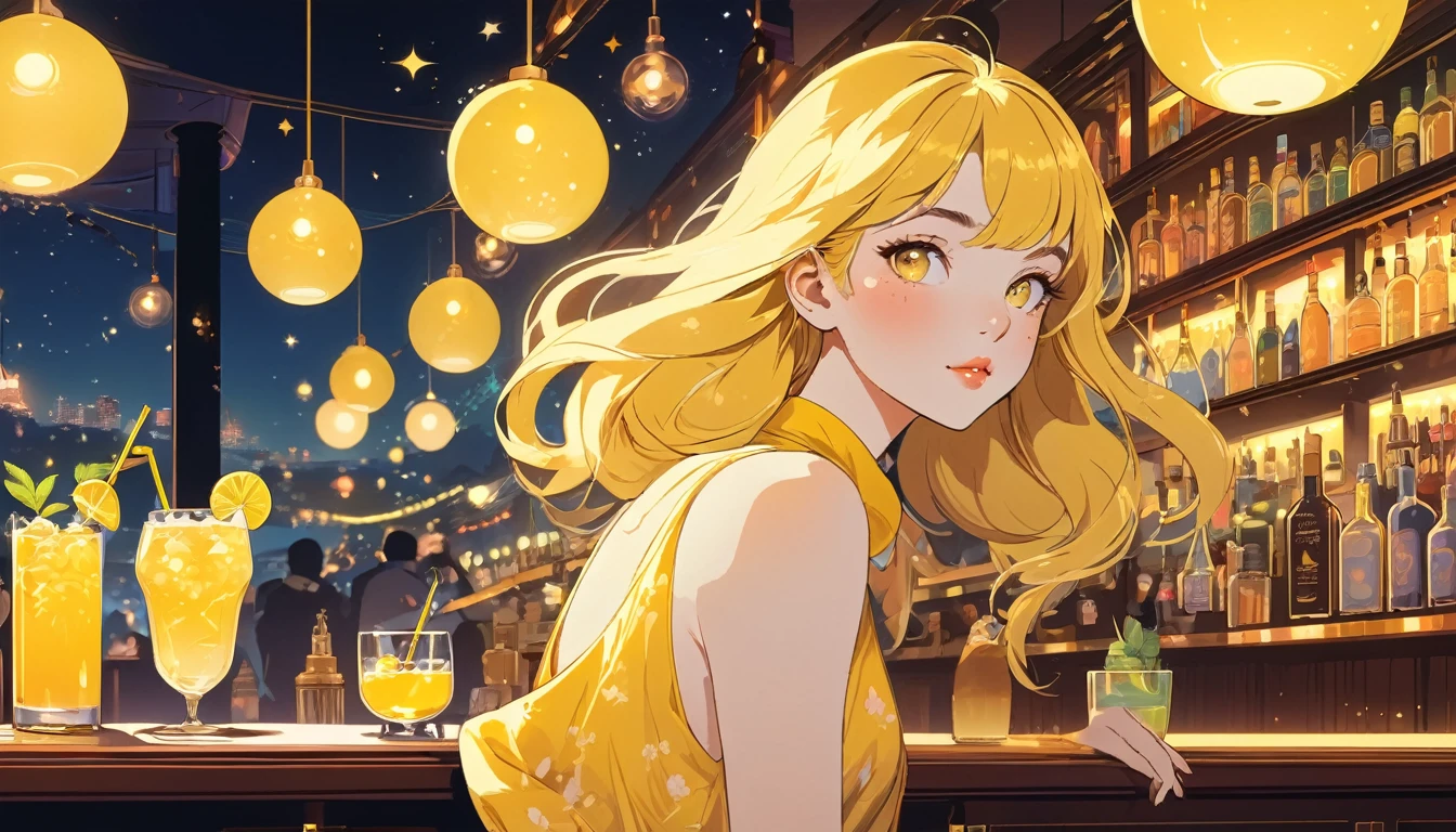 Beautiful woman,Yellow cocktail in a bar, Wide-angle lens, Lofi Anime, Lofi illustration, Aesthetic atmosphere, Lo-Fi Style, Vector art, Flat Design, Simple shape, Warm tones, Pleasant atmosphere, Chill, In anime style, Digital drawing, Vector art, Vector logo for t-shirt printing, (Adorable:1.5), (small:1.4), (Playful:1.2), (soft:1.3), (Whimsical:1.1), masterpiece, Highest quality, 8k, Intricate details, grow, Celestial, Mysterious, Picturesque, amazing, Majestic, Magic, Fantasy art, Cover art, dream-like