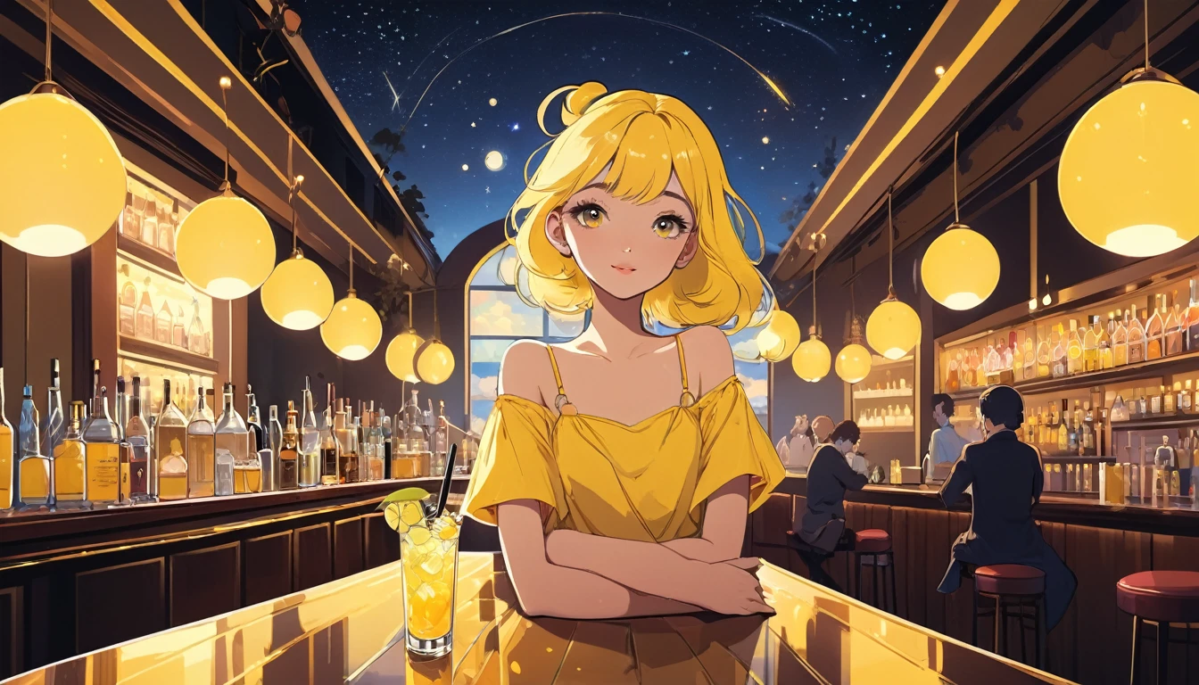 Beautiful woman,Yellow cocktail in a bar, Wide-angle lens, Lofi Anime, Lofi illustration, Aesthetic atmosphere, Lo-Fi Style, Vector art, Flat Design, Simple shape, Warm tones, Pleasant atmosphere, Chill, In anime style, Digital drawing, Vector art, Vector logo for t-shirt printing, (Adorable:1.5), (small:1.4), (Playful:1.2), (soft:1.3), (Whimsical:1.1), masterpiece, Highest quality, 8k, Intricate details, grow, Celestial, Mysterious, Picturesque, amazing, Majestic, Magic, Fantasy art, Cover art, dream-like