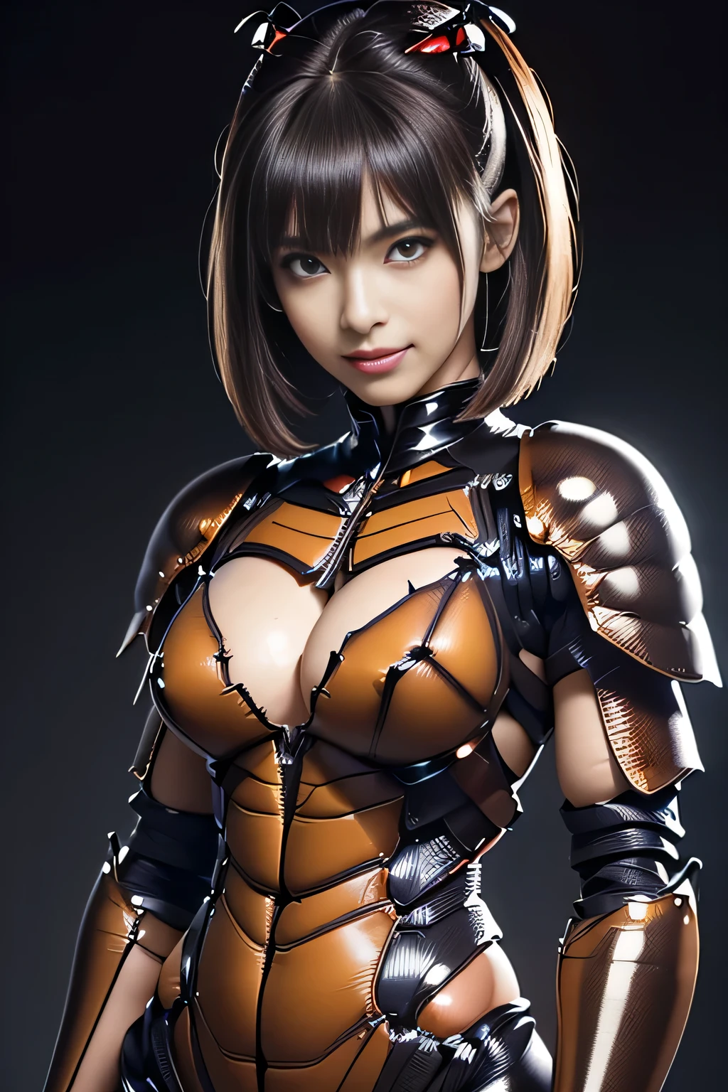 (high resolution,masterpiece,best quality,extremely detailed CG, anime, official art:1.4), realistic, photo, amazing fine details, all intricate, gloss and shiny,awesome many layers, 8k wall paper, 3d, sketch, kawaii, illustration,( solo:1.4), perfect female proportion,villainess, (fusion of dark brown cockroach and lady:1.4), (brown cockroach form lady:1.2), (brown cockroach lady:1.2), (fusion:1.2), (solo:1.4), (evil smile:1.2), muscular, abs, (cockroach brown exoskeleton bio insect suit:1.4), (cockroach brown exoskeleton bio insect armor:1.2), (brown transparency cockroach wing:1.4), (brown cockroach antennae:1.3),