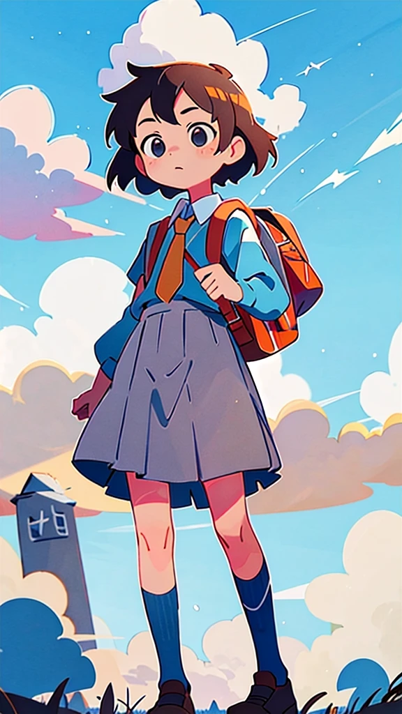 A girl carrying a school bag, the sun and cumulonimbus clouds,Highest quality, masterpiece, RAW Photos,Super detailed