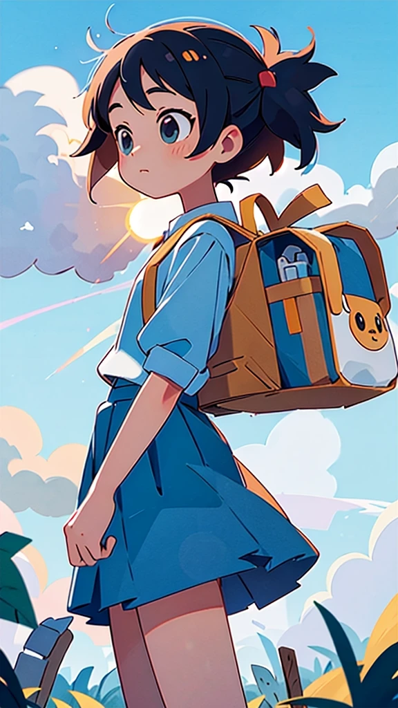 A girl carrying a school bag, the sun and cumulonimbus clouds,Highest quality, masterpiece, RAW Photos,Super detailed