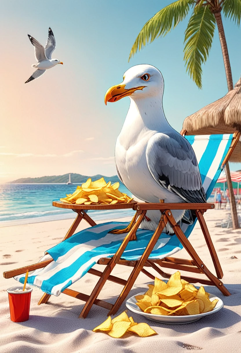 ((well-defined cartoon style:1.4)), ((a seagull sitting cross-legged, (simulating a human), on a beach lounger, eating chips, under an umbrella on the beach funny satirical image:1.5)) , ((90s cartoon;1,41)), colorful, vibrant colors, bright lighting, detailed character design, whimsical, imaginative, (best quality, 4k, 8k, high resolution, Masterpiece:1.2), ultra detailed,(realistic,photorealistic,photo-realistic:1.37),highly detailed,dynamic composition,3d rendering,8k,studio lighting,sharp focus,vivid colors,magical realism