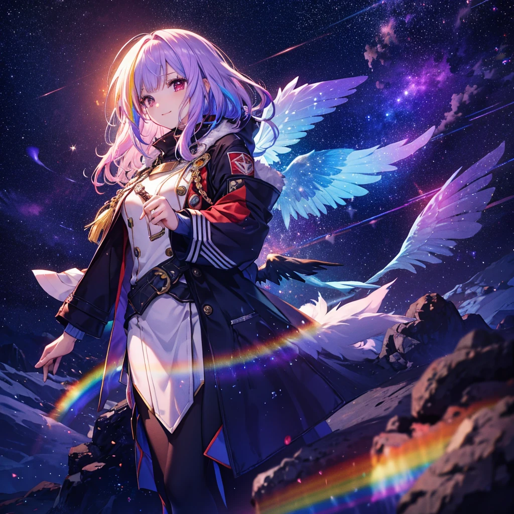 ((Fantasy Rainbow Hair Make your hair rainbow-colored on the inside Long Hair Dull red eyes Has a galaxy uniform Put on a coat without putting your arms through it Wings many times larger than mine Lonely Smiling Kindly)) ((tears gloves)) (Broken glass Distorted Space-Time star) Catch the wind autumn Shining Background Particles of light, rainbow colored edges