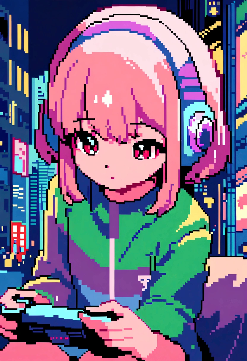 Pixel art,City Pop,Highest quality, masterpiece, Ultra-high resolution, Very detailed, Girl playing games, body, Anime illustration, Keyframe illustration, Digital anime art, Lo-fi Girl,, Anime-style illustrations, Lofi Art Style, Anime illustration