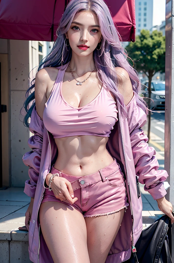photorealistic, high resolution, 1 girl, hips up, beautiful eyes, wet skin, light purple hair, medium breast, t-shirt, pink skirt , red jacket, streetwear, bracelets,elegant necklace, elegant diamond earrings