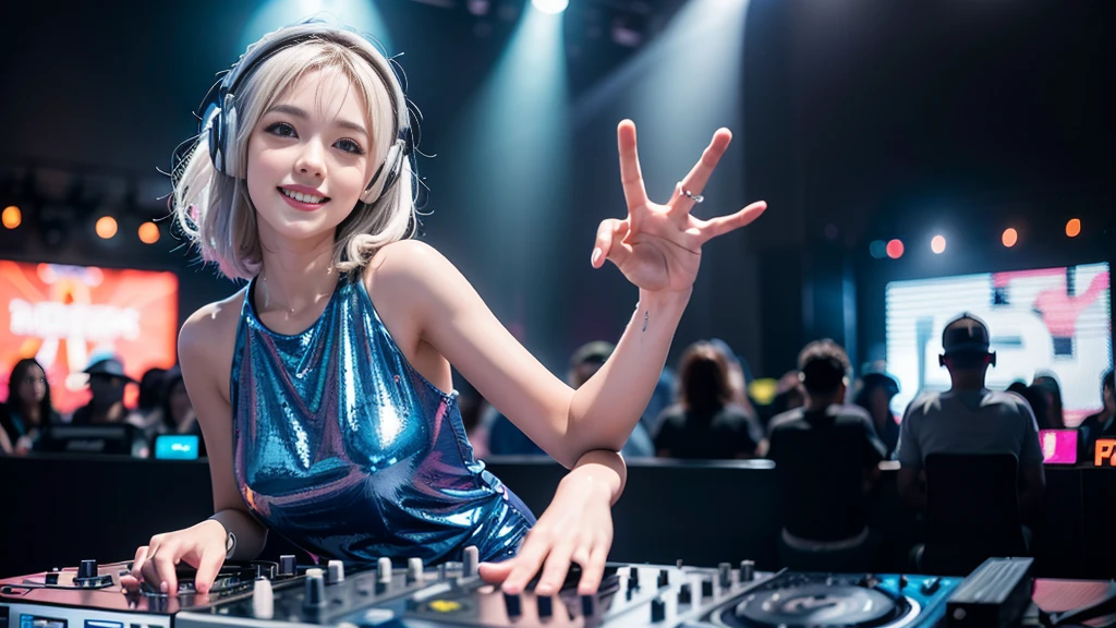 (ultra - detailed, 16K resolution, Cinema lenses, rendering by octane), (high resolution:1.18), intricate detail, (masterpiece:1.1), (highest quality:1.1), (1girl, portrait, white hair, blue eyes, short hair, detailed eyes),Wearing silver DJ headphones, Shiny silver sequined T-shirt, (Iconic hip-hop pop costumes:1.3), Smile while DJing on stage, full body shot of, The spotlight shines on the female DJ. Photorealistic photography by Disco Lighting, (cute round face:1.3), perfect fingers, five fingers, beautiful hands, perfect hands. master peace, cute smile.