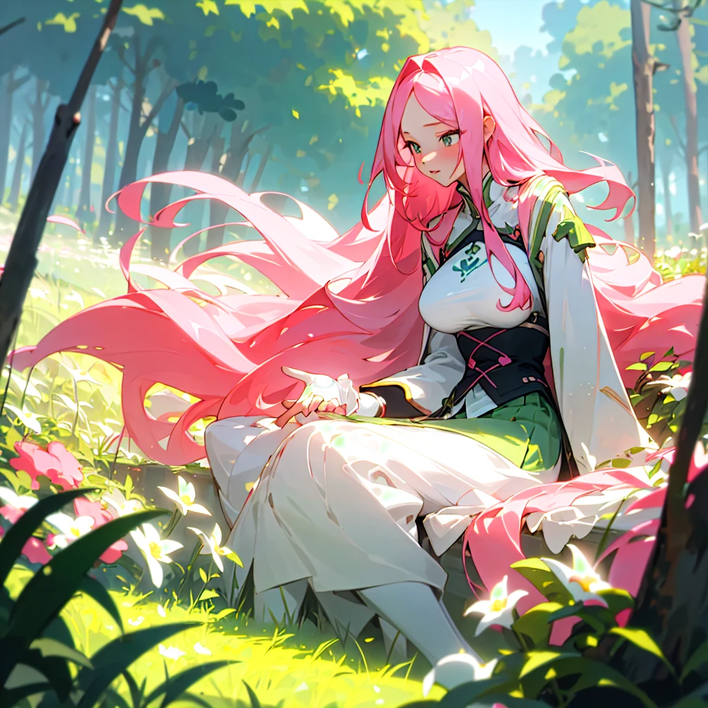 (masterpiece, best quality),candid view irresistable beauriful girl with long pink hair sitting in a field of green plants and flowers, her hand holding her skirt, rounded breast , volumetric lighting effect white sexy outfit blurry foreground