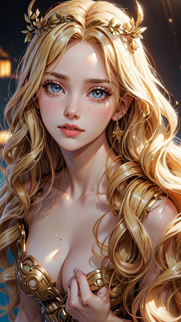1greek goddess,blonde hair,long wavy hair,aphrodite,venus,half body,masterpiece,high quality,big,splash art,ultra-detailed,realistic:1.37,portraits,vivid colors,studio lighting,sharp focus,bokeh, detailed eyes, dteailed hands, detailed face