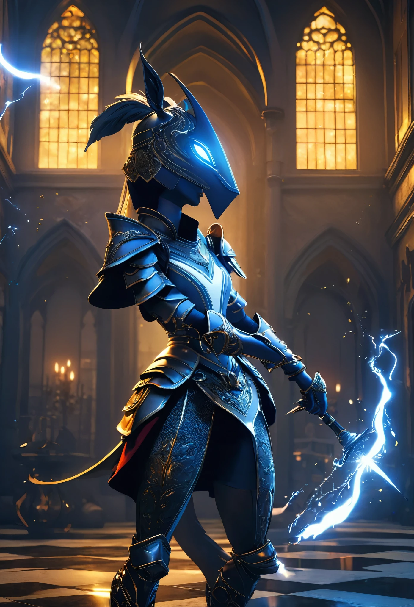 top quality, high-quality illustrations, epic, depth of field, bokeh, 4k, gothic, the beautiful depiction of light seen in Vermeer's works, the intricate portrayal of muscles found in Michelangelo's works, Landscapes inspired by biblical themes depicted by Leonardo da Vinci, masterpiece, dark fantasy, castle, gatekeeper, absurdres, Perfect Anatomy(kemono, anthro, beastman, solo focus, bulge in the crotch)(horse facial features, horse body features)(detailed muscles)full body(Fighting Pose)Armor, Spear, Medieval Warrior, dense sweat, casting lightning, electricity, swirling fire, radiating power, sparks, smoke, magic, dramatic, battlefield, ember, particles,