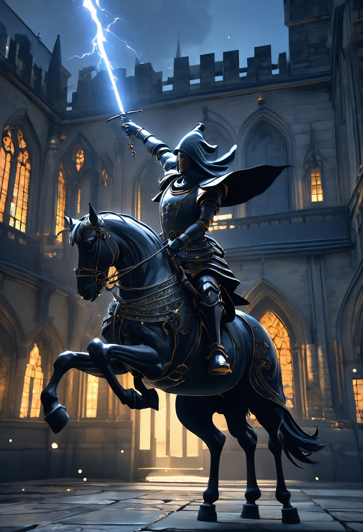 top quality, high-quality illustrations, epic, depth of field, bokeh, 4k, gothic, the beautiful depiction of light seen in Vermeer's works, the intricate portrayal of muscles found in Michelangelo's works, Landscapes inspired by biblical themes depicted by Leonardo da Vinci, masterpiece, dark fantasy, castle, gatekeeper, absurdres, Perfect Anatomy(kemono, anthro, beastman, solo focus, bulge in the crotch)(horse facial features, horse body features)(detailed muscles)full body(Fighting Pose)Armor, Spear, Medieval Warrior, dense sweat, casting lightning, electricity, swirling fire, radiating power, sparks, smoke, magic, dramatic, battlefield, ember, particles,
