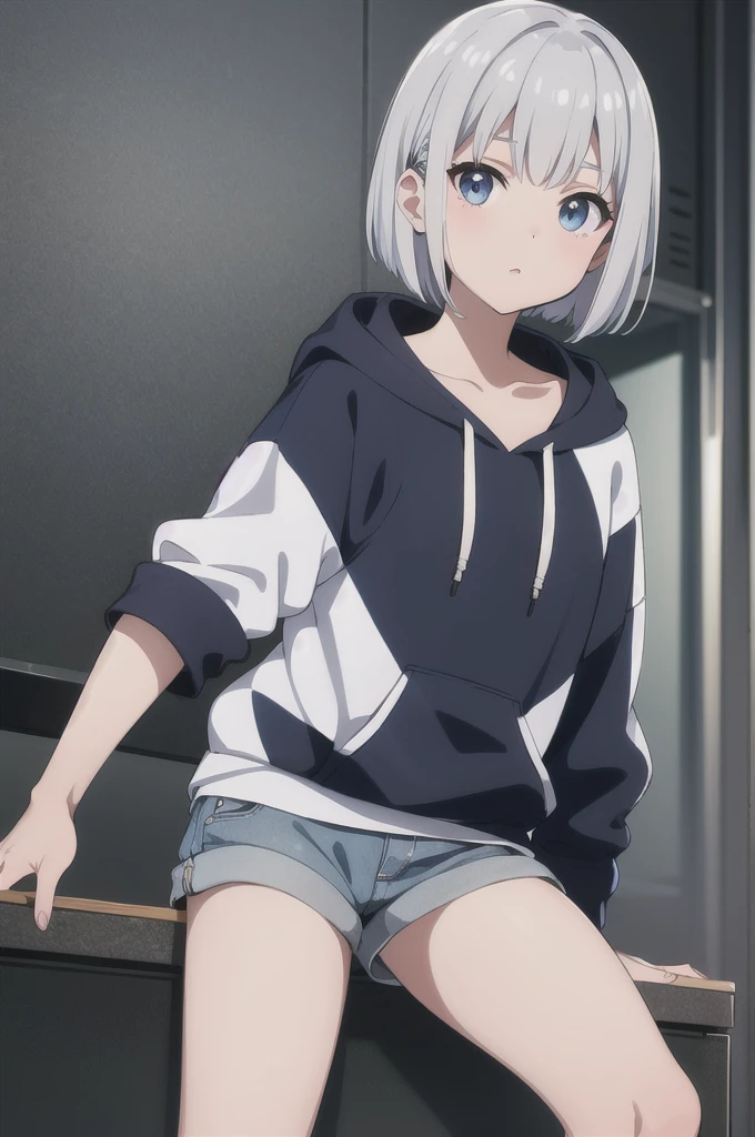 Highest quality、masterpiece、(One person)、Bright silver short bob hair、hoodie、looking at the camera、glint、hairpin、Meeting