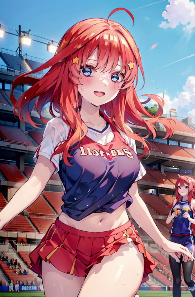 itsukinakano, Itsuki Nakano, bangs, blue eyes, hair between eyes, Ahoge, Redhead, star \(symbol\), happy smile, smile, Open your mouth,hair ornaments, star hair ornaments,(cheer leading), (whole body), Big Breasts, Lower, (Sweaty), Sweaty Wet Clothes (Red clothes), No sleeve,Belly button support, playground, (Jump), (Jump), 足を曲げてJumpする, air, blue sky, Grass原, smileのチアリーダー, Pom-pom \(cheer leading\), Grass, whole bodyがイラストに入るように,
break outdoors, Stadium,
break looking at viewer, whole body,
break (masterpiece:1.2), Highest quality, High resolution, unity 8k wallpaper, (shape:0.8), (Fine and beautiful eyes:1.6), Highly detailed face, Perfect lighting, Highly detailed CG, (Perfect hands, Perfect Anatomy),