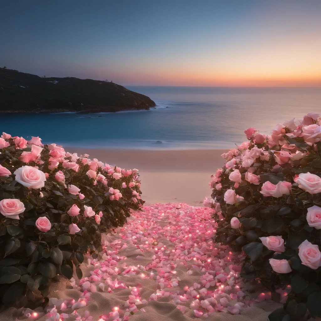 In the evening, real scene shooting 1000 beautiful and romantic pink and white roses glow, beautiful flowers are clearly visible, white and red flowers, fluffy and soft petals, on both sides are many flowers, in the middle is falling luminous petals, sunset sky, far away is big ocean, black cat is on the beach,refracting pink light, super realistic, super real, photography, magic, fantasy, clear, 8k, ureal, Shot in HD by Hayao Miyazaki. Hd, HD