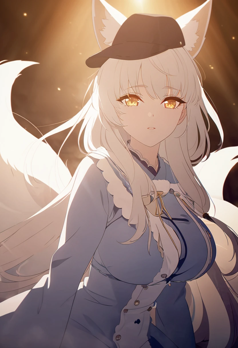 1girl, beautiful white kitsune, long white kitsune ears, multiple white kitsune tails, blue and yellow pajama with hat anime style, yellow eyes, big breasts, extremely detailed eyes and face, high quality, 8K,  soft lighting, cinematic lighting, fantasy, magical, ethereal