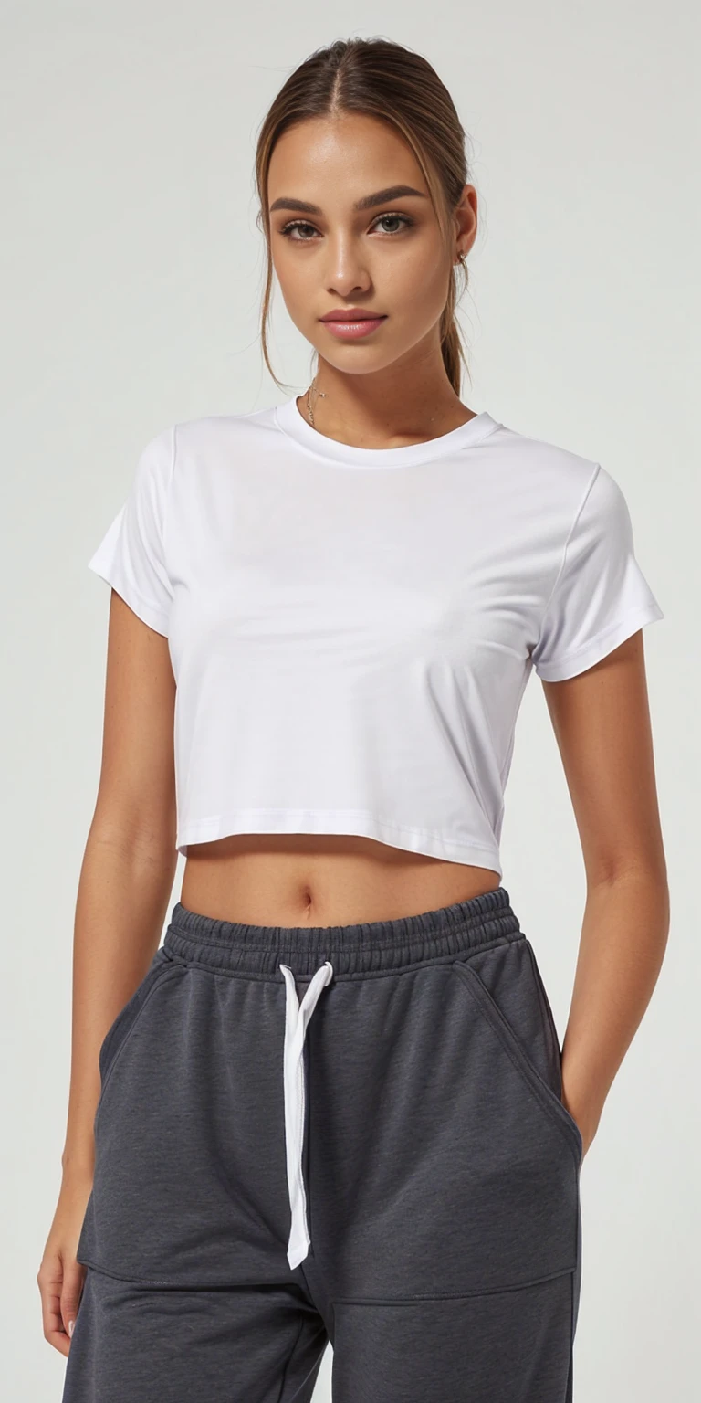 a woman wearing a white corte superior and grey sweatpants, corte superior, corte superior, com camiseta rasgada, wearing corte superior, vestindo um top cortados, barriga exposta, vestindo um top cortado, Topo branco, camiseta branca, usando um top cropped sexy, plain camiseta branca, Roupa casual, wearing a corte superior, vestido com uma camiseta branca