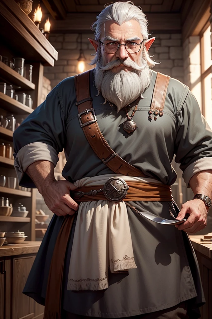 a half-elf RPG dwarf, chef, gray hair, gray beard and mustache, wears glasses, Waterdeep: Dragon Heist style image by Tyler Jacobson.
