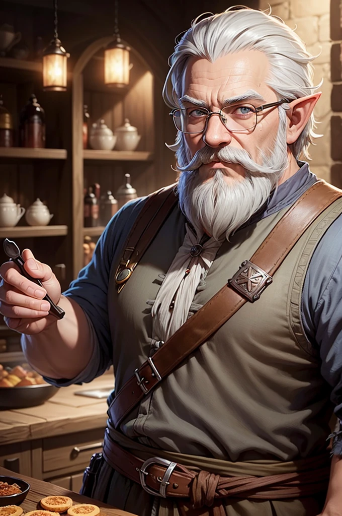 a half-elf RPG dwarf, chef, gray hair, gray beard and mustache, wears glasses, Waterdeep: Dragon Heist style image by Tyler Jacobson.