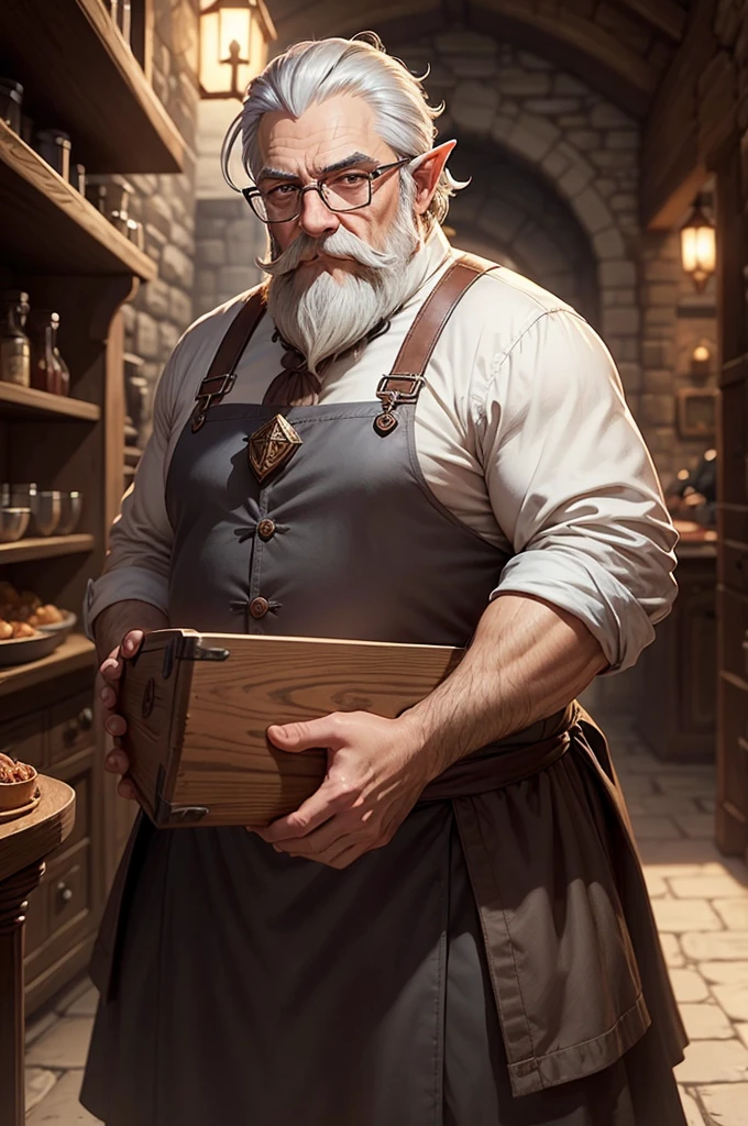 a half-elf RPG dwarf, chef, gray hair, gray beard and mustache, wears glasses, Waterdeep: Dragon Heist style image by Tyler Jacobson.