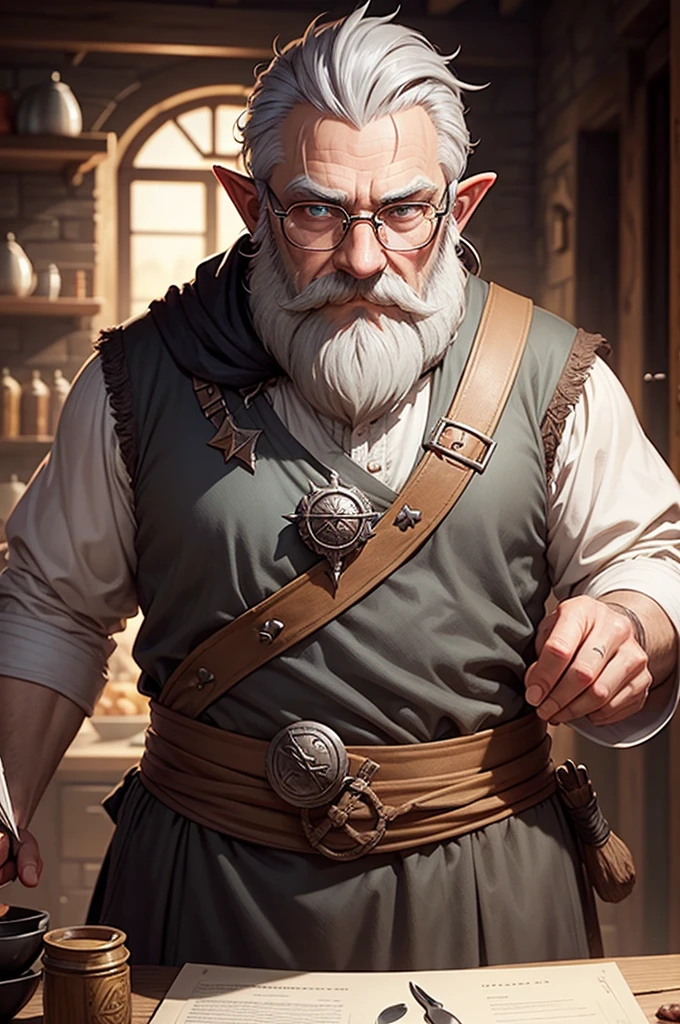 a half-elf RPG dwarf, chef, gray hair, gray beard and mustache, wears glasses, Waterdeep: Dragon Heist style image by Tyler Jacobson.