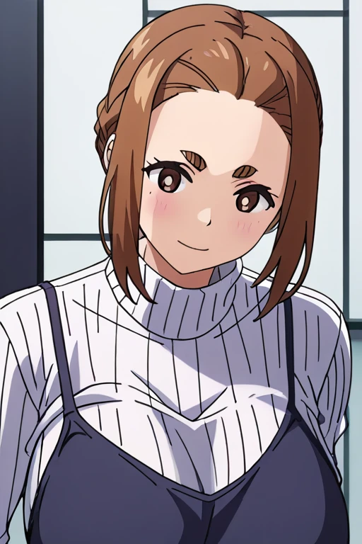 sumireko ogawa, One girl,,Thick eyebrows, Large Breasts, Huge breasts, ,(Black long camisole dress、White turtleneck sweater、Long sleeve、Vertical Sweater、White knitted sweater)、score_9, score_8_superior, score_7_superior, score_6_superior, score_5_superior, score_4_superior, break,One girl in full growth, 最high quality, masterpiece, Super detailed, high quality,good quality,1 Girl,(masterpiece,High resolution, Super detailed,8k,16K),View the viewer、Brown Hair、