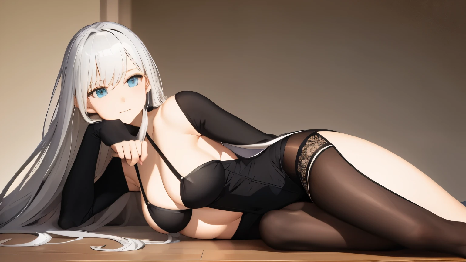 A girl with long silver hair，Sitting on the bed，Body facing forward，Wearing only underwear，Full figure，No shoes，Duck sitting