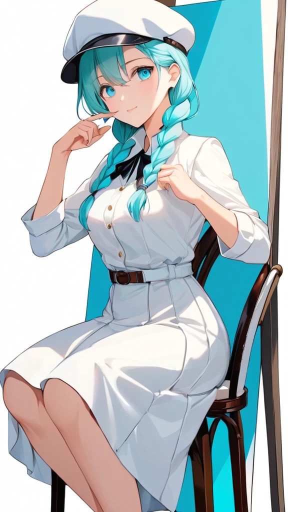 (Eyes:1.1), (Hands:1.1), (Fingers:1.1), Female, woman, mature, Beautiful, Humble, Kind, long hair upper waist Stright Braided Hairstyles, Aqua blue pupil eyes colour, bright cyan Hairs, leather white wear Newsboy Cap, white dress flowing with skirt, sit on chairs front the blank stand canvas, Anime style, vivid colours, (White backgrounds:1.1)