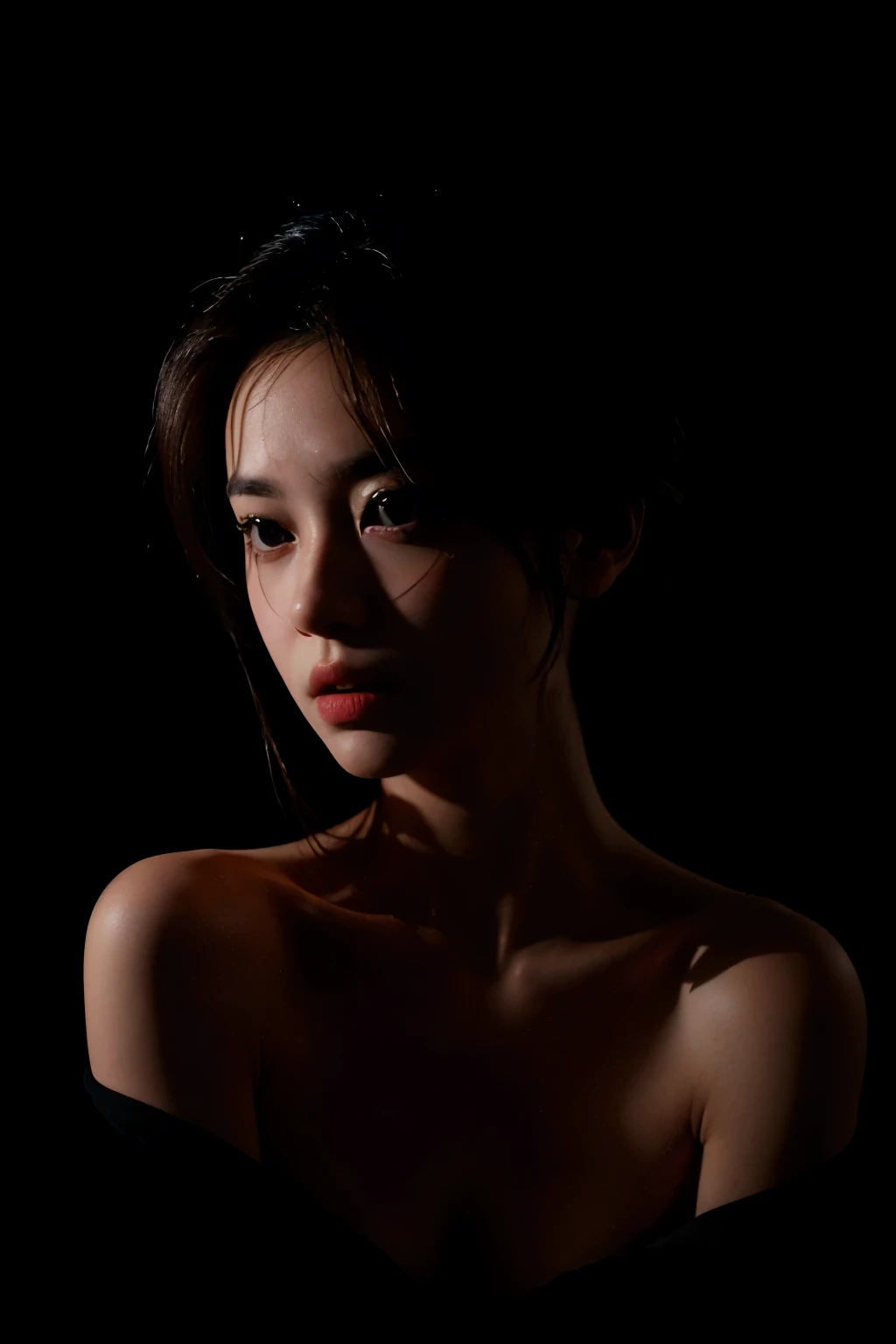 Best quality, masterpiece, ultra high res, (photorealistic:1.4), raw photo, 1girl, offshoulder, in the dark, deep shadow, low key, cold light, chiaroscuro