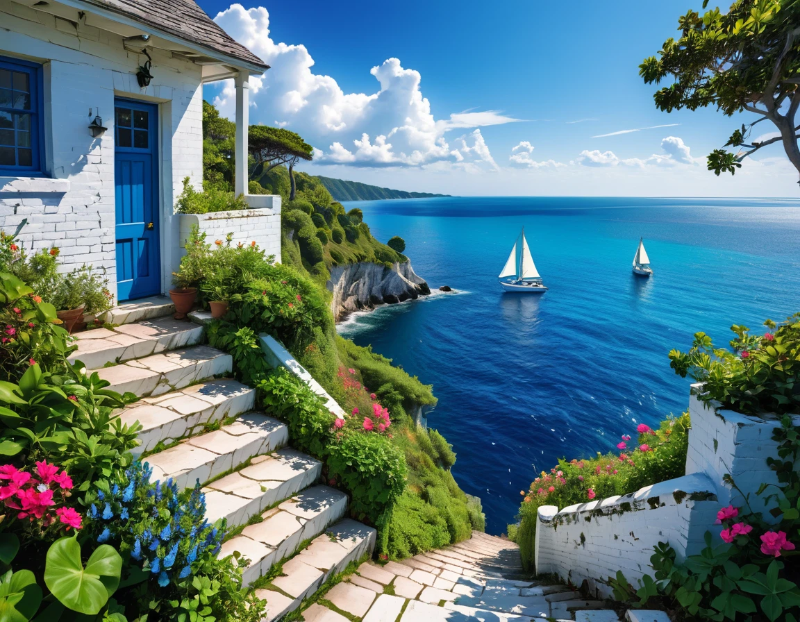 Striking view from the Porch of an old white brick house, perched on a cliff overlooking the ocean. The little house has a small garden area with a few plants and flowers, and a set of stairs leading up to it, cracked walls. The cliff is covered in lush greenery, with trees and bushes. deep blue sea below, with a few sailboats on the water. The sky above is a clear blue with a few scattered white clouds, sharp focus, hyperrealistic, vibrant colors, HDR, 32k