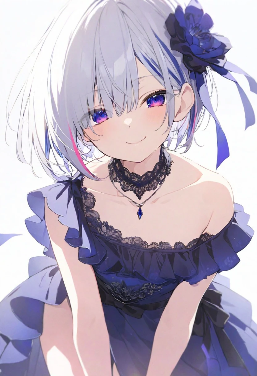 (masterpiece), (best quality), perfect face, beautiful girl, white background background, delicate and beautiful face and eyes, dark intense shadow,
1 girl, vtuber style, cool girl, hololive, amane kanata, streaked hair, short hair, blue evening dress, Gorgeous evening dress Ruffles dress, lace, necklace, small chest, cropped shoulders, clavicle, winking, smile, body visible through clothes, chest visible through clothes, ass visible through thighs, High heel, (full body), looking at viewer, standing,