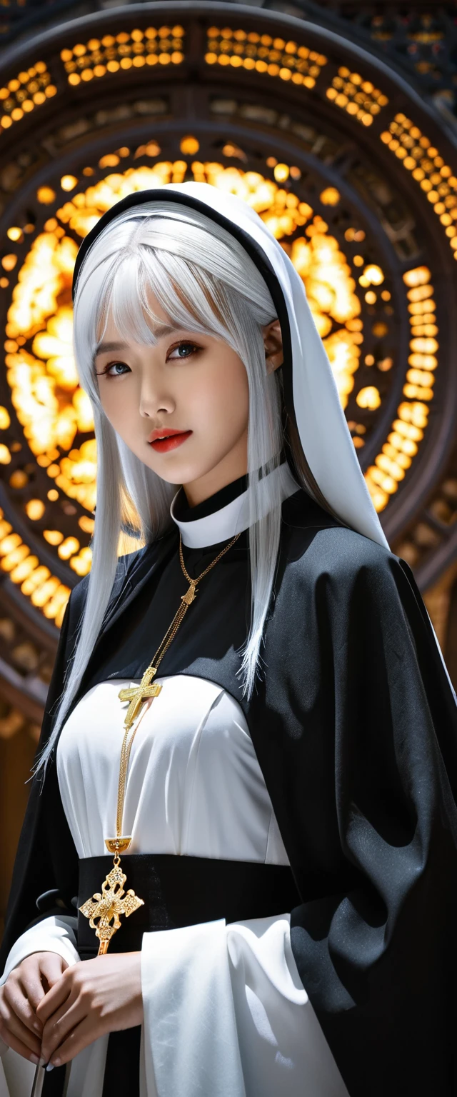 korean actress with white hair, bangs, blue eyes, in a dress of a nun, black and white habit, nun armor outfit, gold ornament outfit, gold head accessory, detailed face, thin smile, detailed skin, side view, background cathedral, full body view, side model posing, cover, unzoom, choker, hyperdetailed painting, luminism, Bar lighting, complex, 4k resolution concept art portrait by Greg Rutkowski, Artgerm, WLOP, Alphonse Mucha, little fusion pojatti realistic goth, fractal isometrics details bioluminescens : a stunning realistic photograph 30 years, sun beam, sunkiss, sun glare,