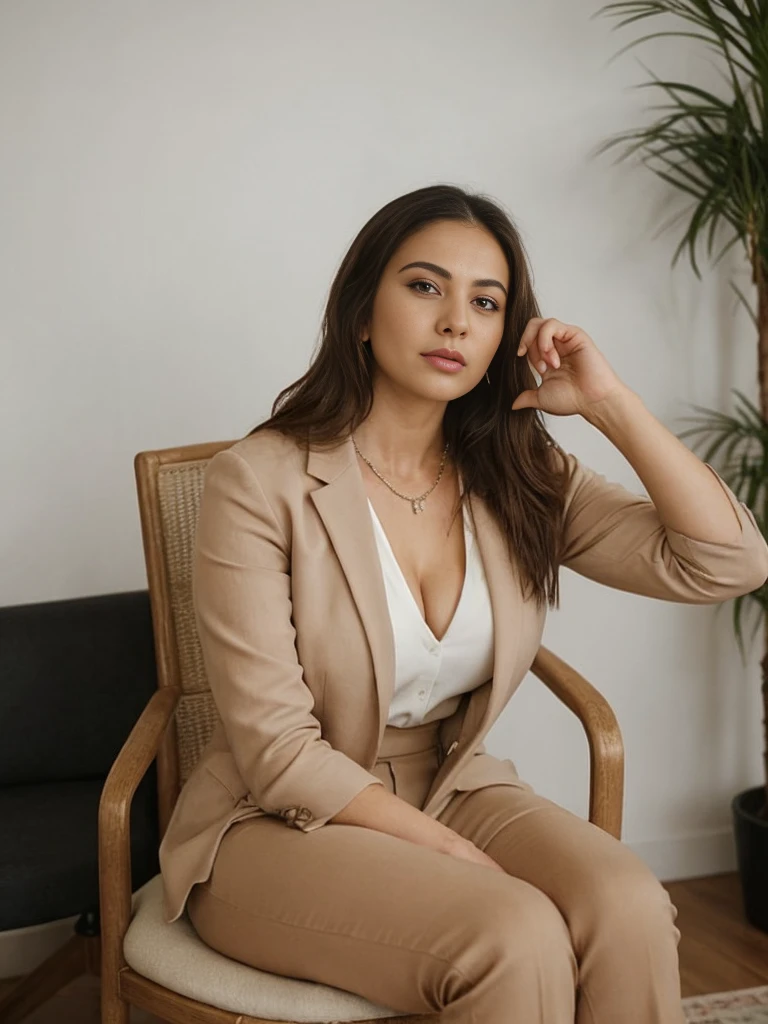 a woman sitting on a chair with her feet on the floor and her hands on, sitting on chair, girl in suit, sitting on a chair, girl in a suit, sitting in a chair, woman is sitting, sitting in chair, sitting on a mocha-colored table, sitting down casually, sitting on designer chair, sitting on an armchair, sitting pose, elegant confident pose, sitting on a table, sitting down, sophisticated young woman, in a comfortable chair, sitting in an armchair, sitting on a desk, siting in a chair,A woman with long blonde hair is sitting cross-legged on a woven chair with a metal frame, wearing a brown blazer, a beige top, and black pants. She rests her left elbow on her knee and her chin on her left hand, gazing thoughtfully at the camera. A white wall with decorative molding is in the background. big cheeks, curvy, hourglass figure, swooping breasts, deep cleavage, open arms, sexy armpits,big penis, nipples, ass, necklace, (cinematic:1.3), intricate details, (ArtStation:1.2,someone is holding their hand out in a gesture with their hands, hand gesture, indistinct man with his hand up, hand instead of a face, corrected hand, raised hand, hand with five fingers, hands not visible, bump in form of hand, wave a hand at the camera, hand gestures, five fingers on the hand, exactly 5 fingers, 8k, detailed, sharp, ultra sharp,