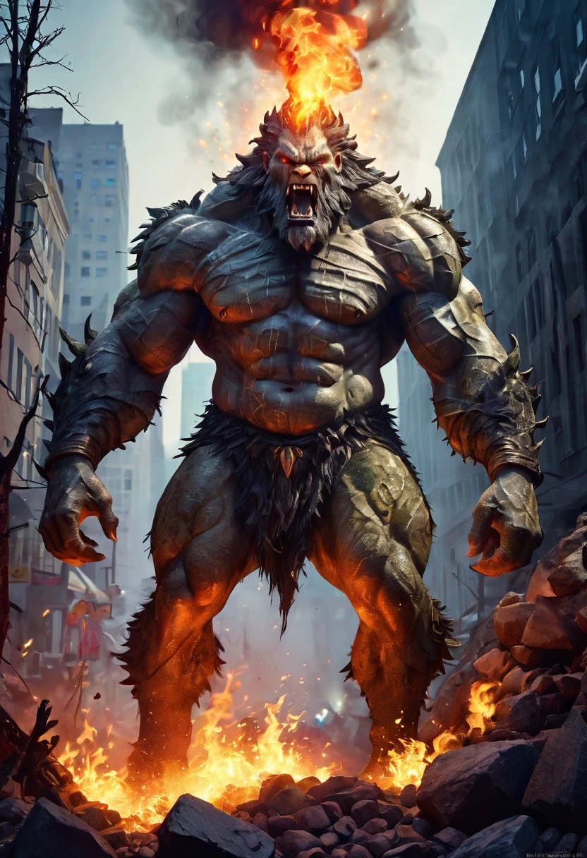 masterpiece,Super cool magical creatures,((Huge hill giant destroyed by modern city master)),roar,Violent and cruel,Tall and mighty,((petrified skin)),thick limbs,fighting,fire light,gravel,smoke,Random light and shadow,Glowing special effectinimalist style,mist,(full body portrait:1.4),European and American fantasy style,Perfect,,highlight,bright colorful shades,Ink background,OC renderer,best picture quality,high resolution,dynamic perspective