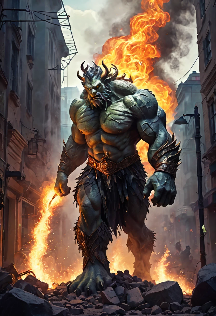 masterpiece，Super cool magical creatures，（（Huge hill giant destroyed by modern city master）），roar，Violent and cruel，Tall and mighty，（（petrified skin）），thick limbs，fighting，fire light，gravel，smoke，Random light and shadow，Glowing special effectinimalist style，mist，（full body portrait:1.4），European and American fantasy style，Perfect，，highlight，bright colorful shades，Ink background，OC renderer，best picture quality，high resolution，dynamic perspective