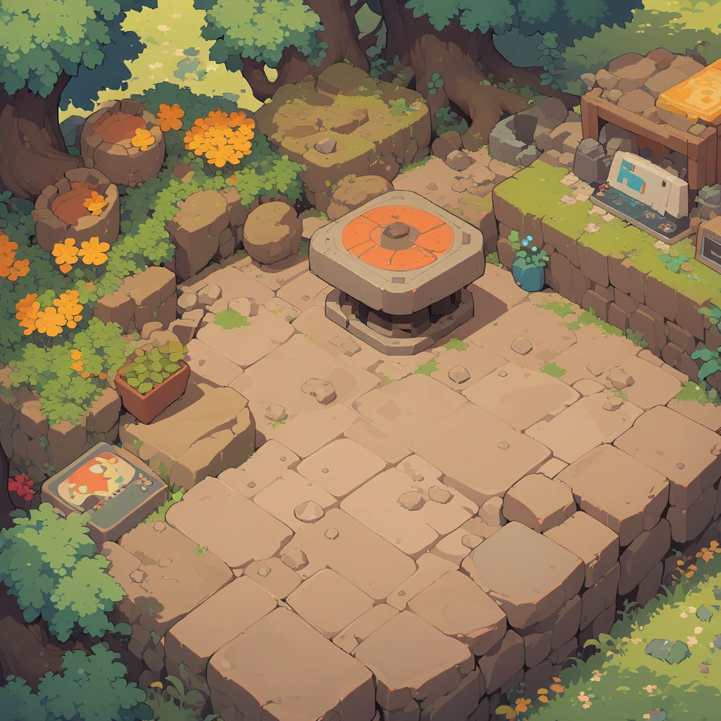 retro video game style,pixelated graphics,vibrant colors,8-bit characters,blocky shapes,sharp lines,detailed shading,classic gaming vibe,nostalgic atmosphere,classic arcade games,masterpiece:1.2,ultra-detailed,illustration style, 2d texture, clay texture, stone texture, 4 k seamless mud texture, video game texture, dirt texture, tileset, game tiles, clay material, flat texture, grass, trees, rock texture, rocky ground, forest, topdown view, game texture, game art, ground very detailed, dirt, floor texture, tileable texture, flowers, bushes, shrubs, intricate ground stone, top down view, 3/4th perspective