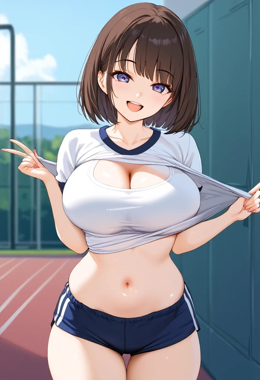 1girl, ultra high res ,looking at viewer ,smile, open mouth, large chest, gym shirt, shorts,exposed tummy