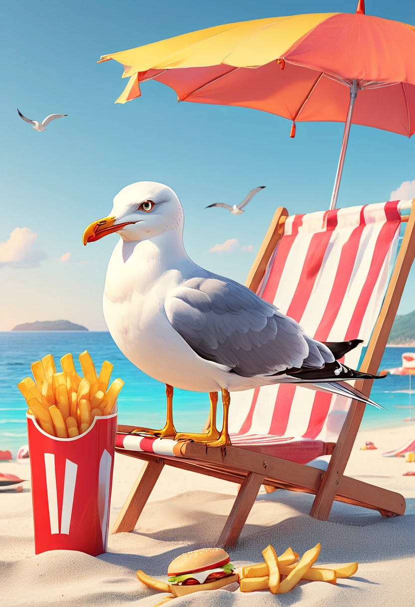 ((well-defined cartoon style:1.4)), ((a seagull sitting cross-legged, (simulating a human), on a beach lounger, eating French fries, under an umbrella on the beach funny satirical image:1.5) ), ((90s cartoon;1,41)), colorful, vibrant colors, bright lighting, detailed character design, whimsical, imaginative, (best quality, 4k, 8k, high resolution, Masterpiece:1.2), ultra detailed,(realistic,photorealistic,photo-realistic:1.37),highly detailed,dynamic composition,3d rendering,8k,studio lighting,sharp focus,vivid colors,magical realism