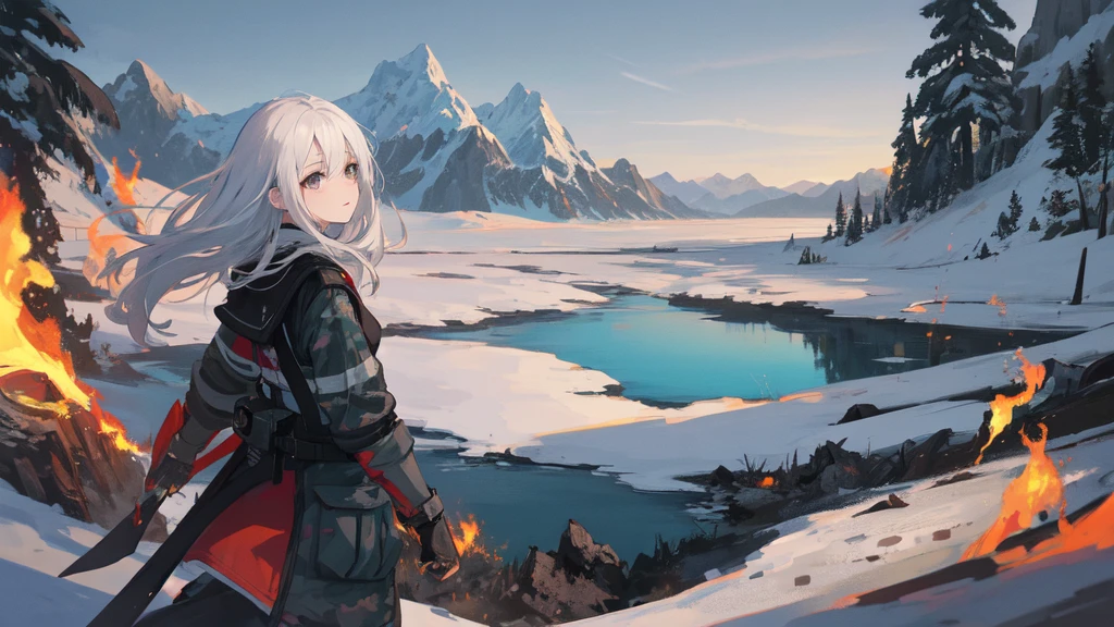 masterpiece:1.2), best quality , solo ,pixiv, anime girl ,long straight white hair , black eyes ,Wearing off-white camouflage uniform ,ten years old,battlefield,Standing in the snowy mountains,(Eyes looking into the distance:1.3),There is a flame burning beside you,(look away:1.5),snowy weather,The girl stands among the deserted snowy mountains,blood on forehead,dirty face,Background mixed with metal fragments:1.2,Backlight,Black lake in the background,Stand on a glacier,Bare rocky peaks , Scrap metal on the snow,raise arms,The expression is sad