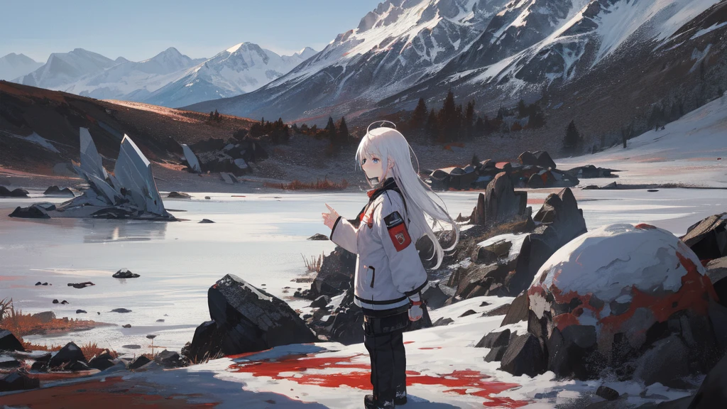 masterpiece:1.2), best quality , solo ,pixiv, anime girl ，long straight white hair , black eyes ,Wearing off-white camouflage uniform ,ten years old，battlefield，Standing in the snowy mountains，(Eyes looking into the distance:1.3)，There is a flame burning beside you，(look away:1.5)，snowy weather，The girl stands among the deserted snowy mountains，blood on forehead，dirty face，Background mixed with metal fragments:1.2，Backlight，Black lake in the background，Stand on a glacier，Bare rocky peaks , Scrap metal on the snow，raise arms，The expression is sad