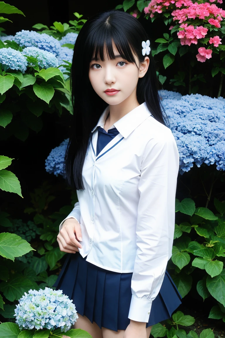 best quality, tmasterpiece,Ultra-high resolution,Clear face,(Reality:1.4),ferpect lighting,(upper body shot), (photorealistic:1.50), anime wallpaper, Guviz style artwork, cover-up fantasy up to magic , by Yang J, Guviz, beautiful artwork illustration, beautiful digital artwork, beautiful digital illustration, Li Song, beautiful anime portrait, art style in Beauvot, 1girl, solo, red eyes, hair flower, (serafuku:1.5), (school uniform), hydrangea, garden, from above, standing,