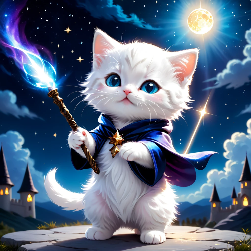 A white kitten dressed in a wizard's costume holding a wand that emits magical light. The sky is a night sky.