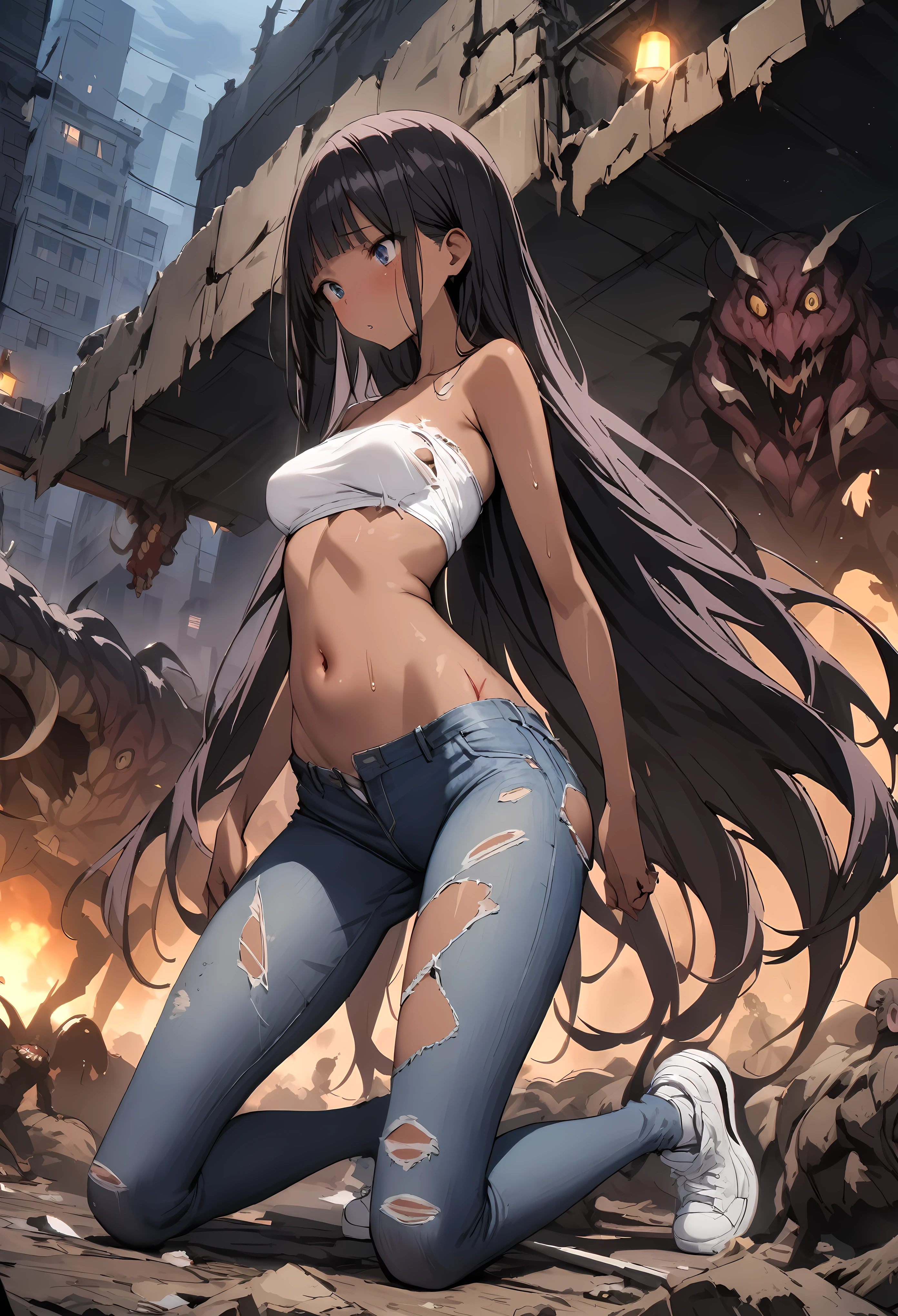 Many monsters attack、(((masterpiece, Highest quality:1.3,absurdres))),25 year old beauty,solo,(((very small head))),long hair,bangs,dark blue hair,dark blue eyes,gorgeous eyes,Pain、medium breasts,((very long body:1.2)),((toned body,slender body)),skinny,(((tan skin:1.2))),gleaming skin,shiny skin,sweat,((ripped jeans,White panties)),((White tube top,nipples,navel、Injury、Torn clothing:1.3,)),White sneakers、kneeling,(Defeated、Lots of monsters),Collapsed building,Tokyo、at night、