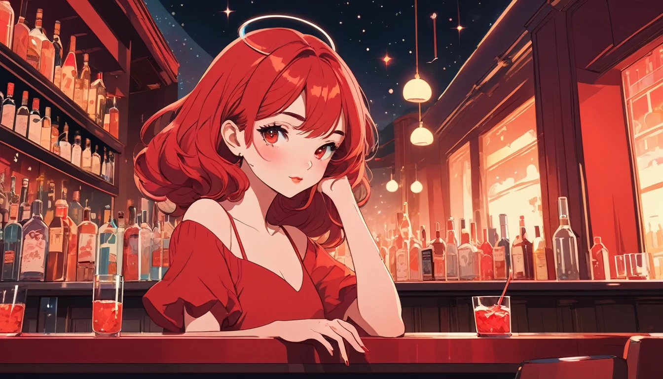 Beautiful woman,Red cocktail in a bar, Wide-angle lens, Lofi Anime, Lofi illustration, Aesthetic atmosphere, Lo-Fi Style, Vector art, Flat Design, Simple shape, Warm tones, Pleasant atmosphere, Chill, In anime style, Digital drawing, Vector art, Vector logo for t-shirt printing, (Adorable:1.5), (small:1.4), (Playful:1.2), (soft:1.3), (Whimsical:1.1), masterpiece, Highest quality, 8k, Intricate details, grow, Celestial, Mysterious, Picturesque, amazing, Majestic, Magic, Fantasy art, Cover art, dream-like