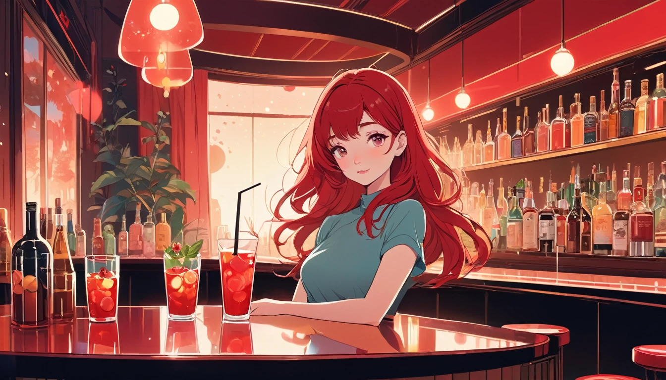 Beautiful woman,Red cocktail in a bar, Wide-angle lens, Lofi Anime, Lofi illustration, Aesthetic atmosphere, Lo-Fi Style, Vector art, Flat Design, Simple shape, Warm tones, Pleasant atmosphere, Chill, In anime style, Digital drawing, Vector art, Vector logo for t-shirt printing, (Adorable:1.5), (small:1.4), (Playful:1.2), (soft:1.3), (Whimsical:1.1), masterpiece, Highest quality, 8k, Intricate details, grow, Celestial, Mysterious, Picturesque, amazing, Majestic, Magic, Fantasy art, Cover art, dream-like